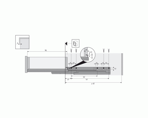 Направляющая скрытого монтажа Hettich Quadro push to open, полного выд. 400, левая